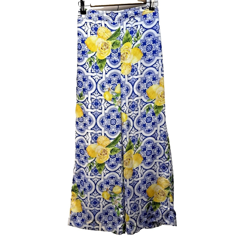 Boston Proper Flora Tiles Flowy Palazzo Pant Size XS Blue Yellow Lemon Satin